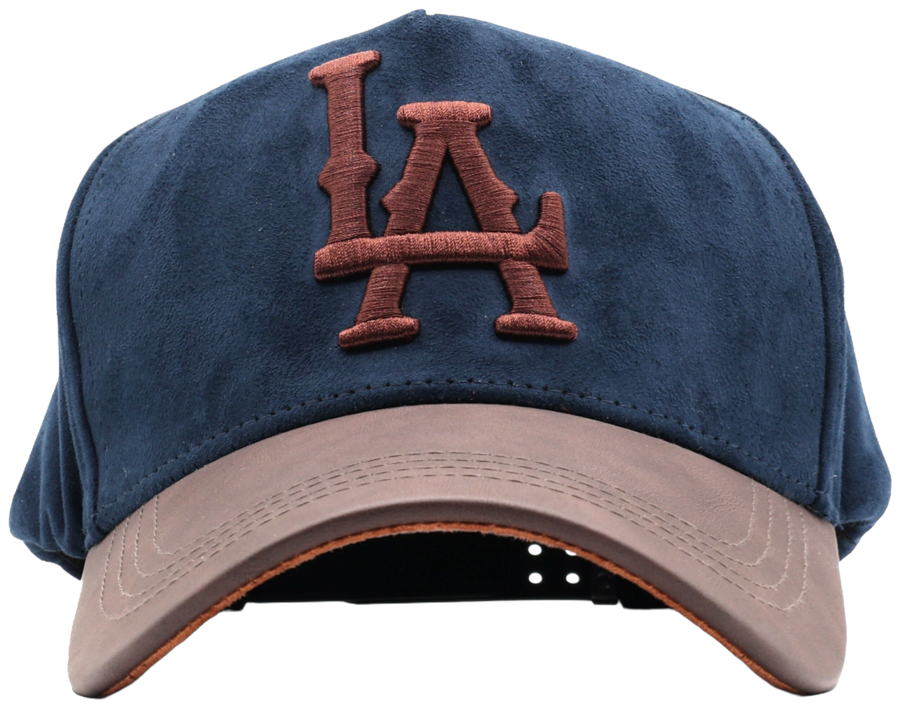 Honker Club LA hat in blue suede with a brown leather brim, front