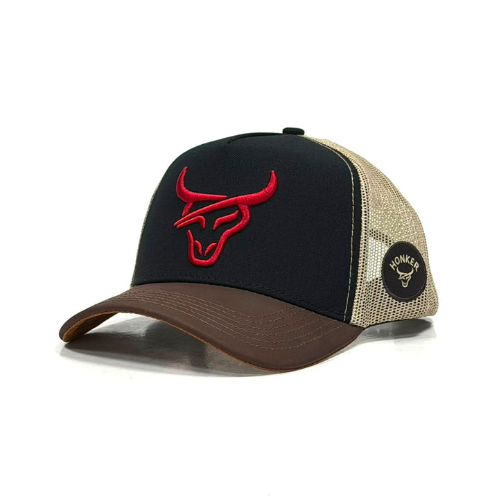 HONKER BULL HAT - BLACK/RED LOGO MESH