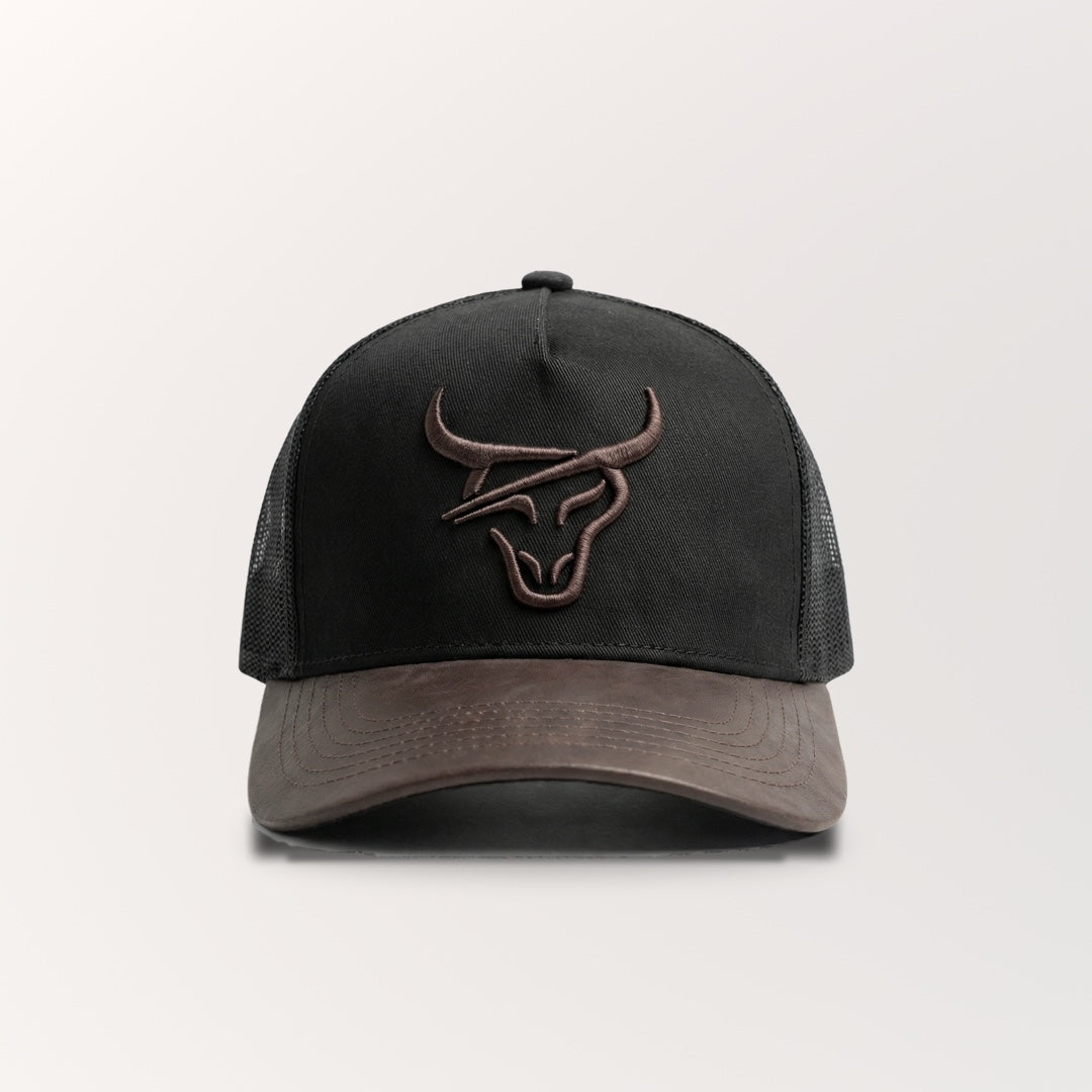 HONKER BULL  HAT BLACK/BROWN LEATHER BRIM - MESH